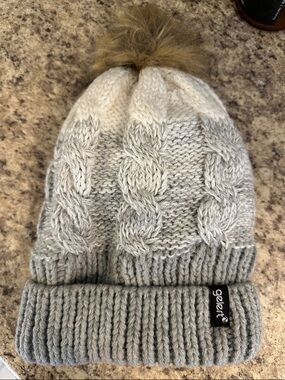 Gray Cable Knit Pom Beanie with Faux Fur Pom By Gelert